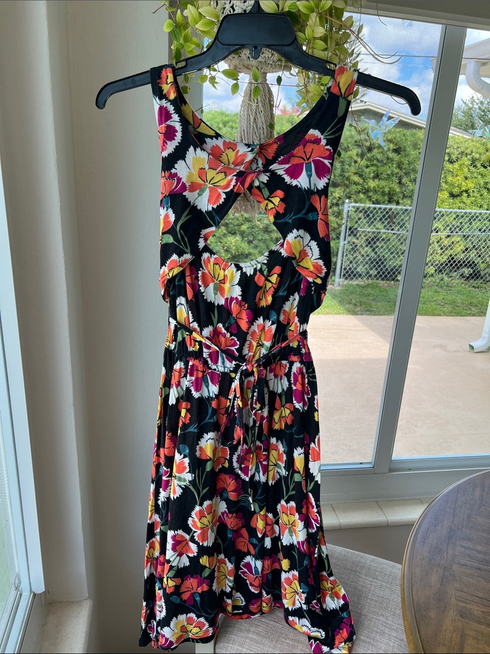 Black Floral Midi Dress with Orange & Pink Blooms